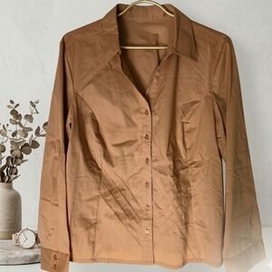FDJ French Dressing 16 Khaki Pleated Button Down‎ Blouse Tan Pin Tuck Stretch